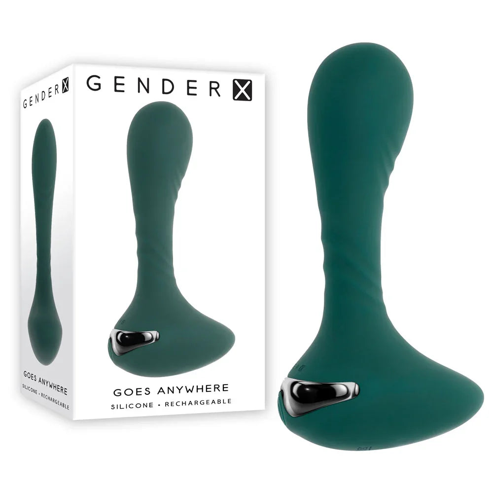 Gender X Goes Anywhere vibrator in Green beside its retail box on white