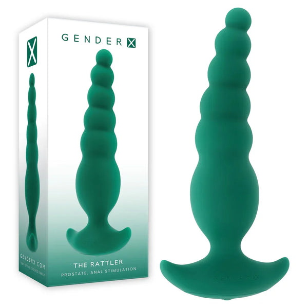 Gender X The Rattler plug in Green, tapered beaded shaft beside its retail box