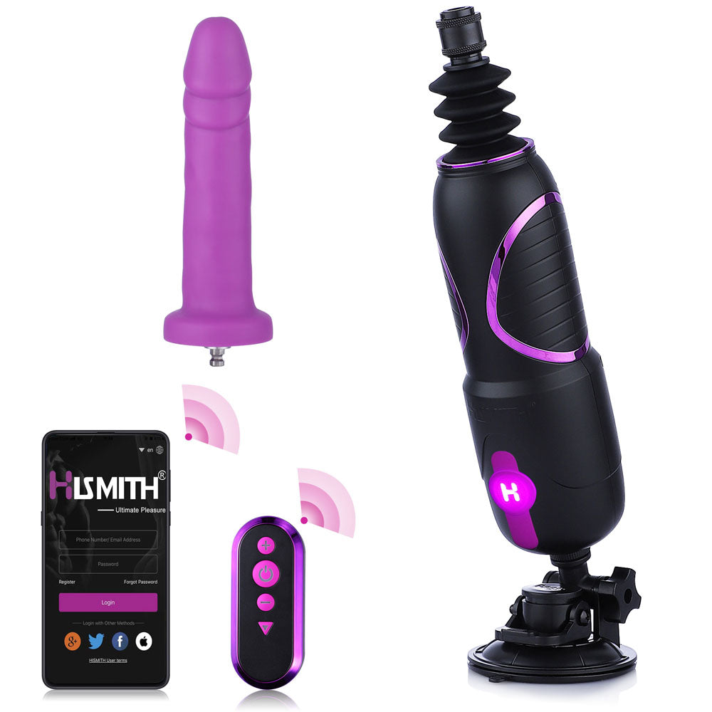 Hismith Pro Traveler 2.0 with suction base, purple dildo, app and remote shown