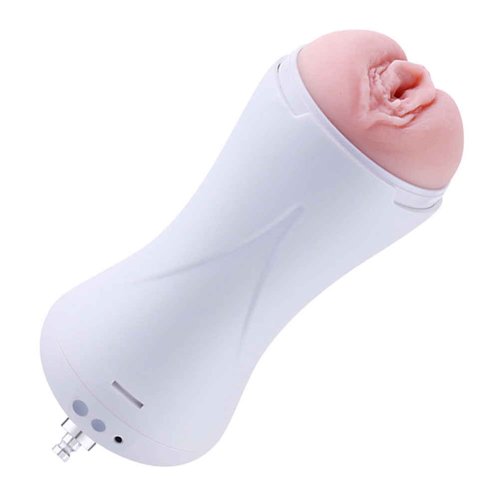 Hismith vibrating vagina stroker attachment, white case, flesh-tone opening