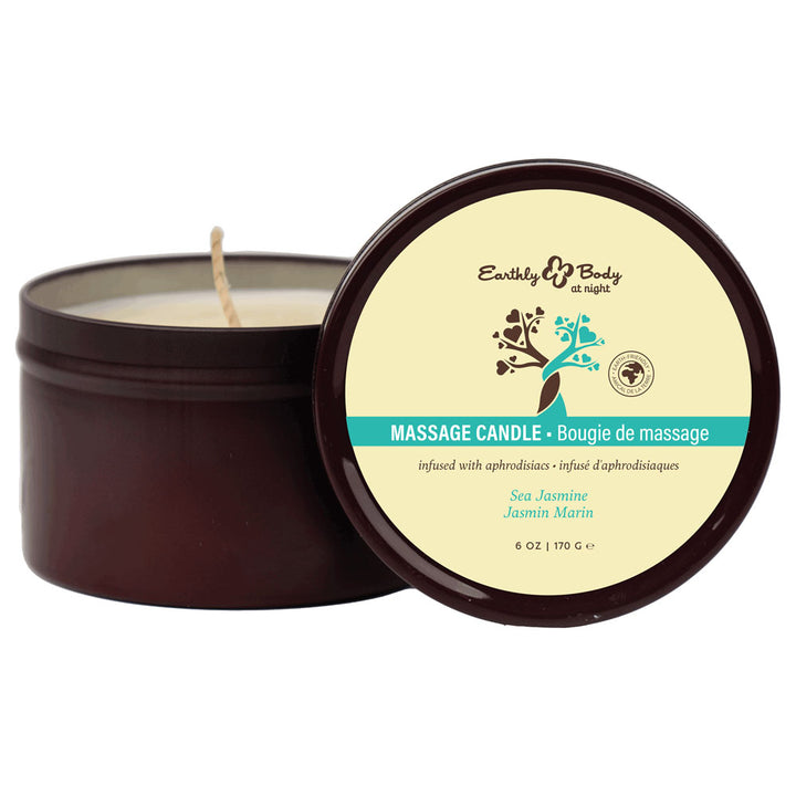 Earthly Body Massage Candle, open tin behind its teal Sea Jasmine lid label