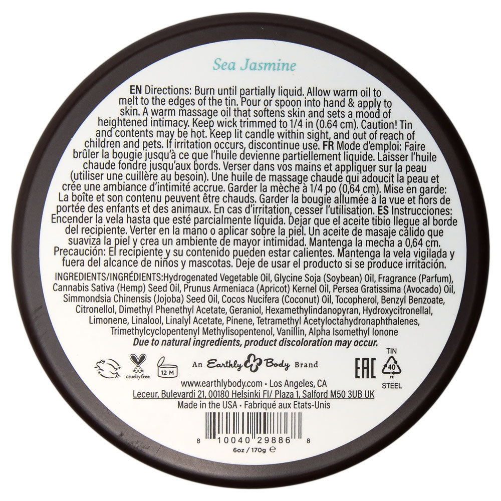 Earthly Body Massage Candle base, Sea Jasmine directions and ingredients