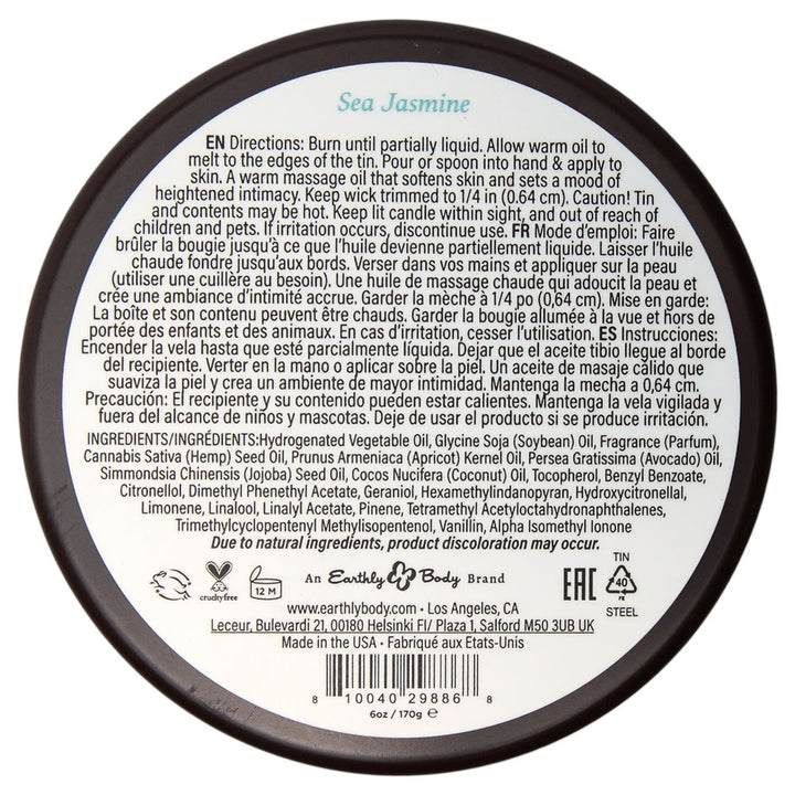 Earthly Body Massage Candle base, Sea Jasmine directions and ingredients