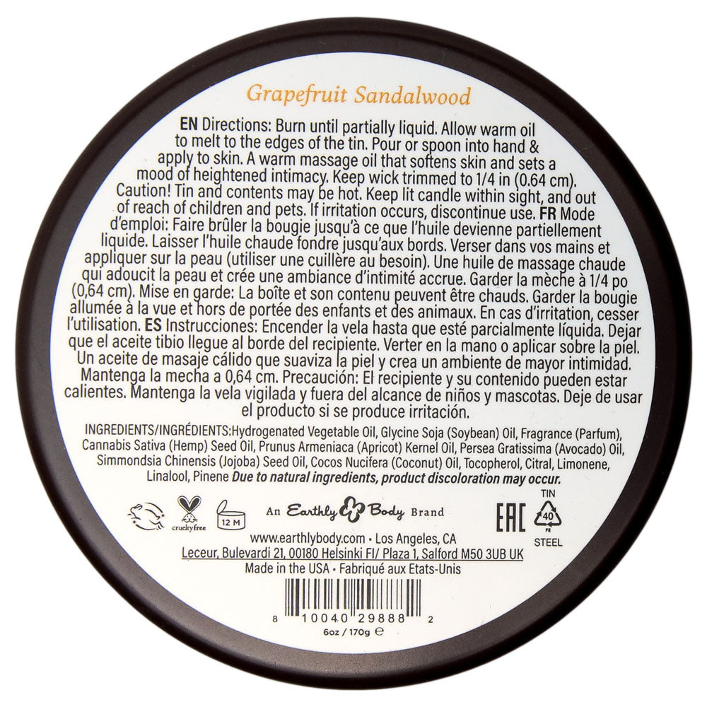 Earthly Body Massage Candle base, Grapefruit Sandalwood directions and ingredients