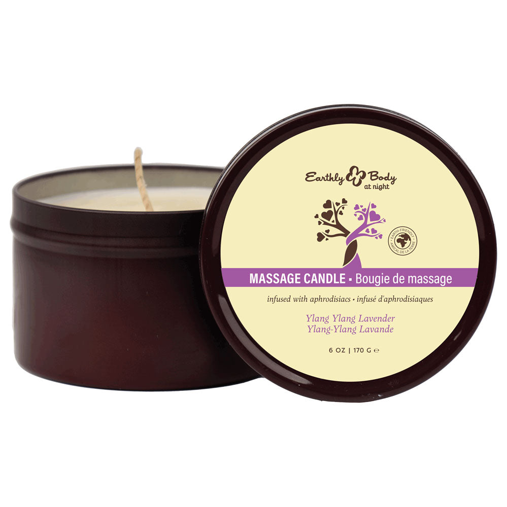 Earthly Body Massage Candle, open tin behind its purple Ylang Ylang Lavender lid label
