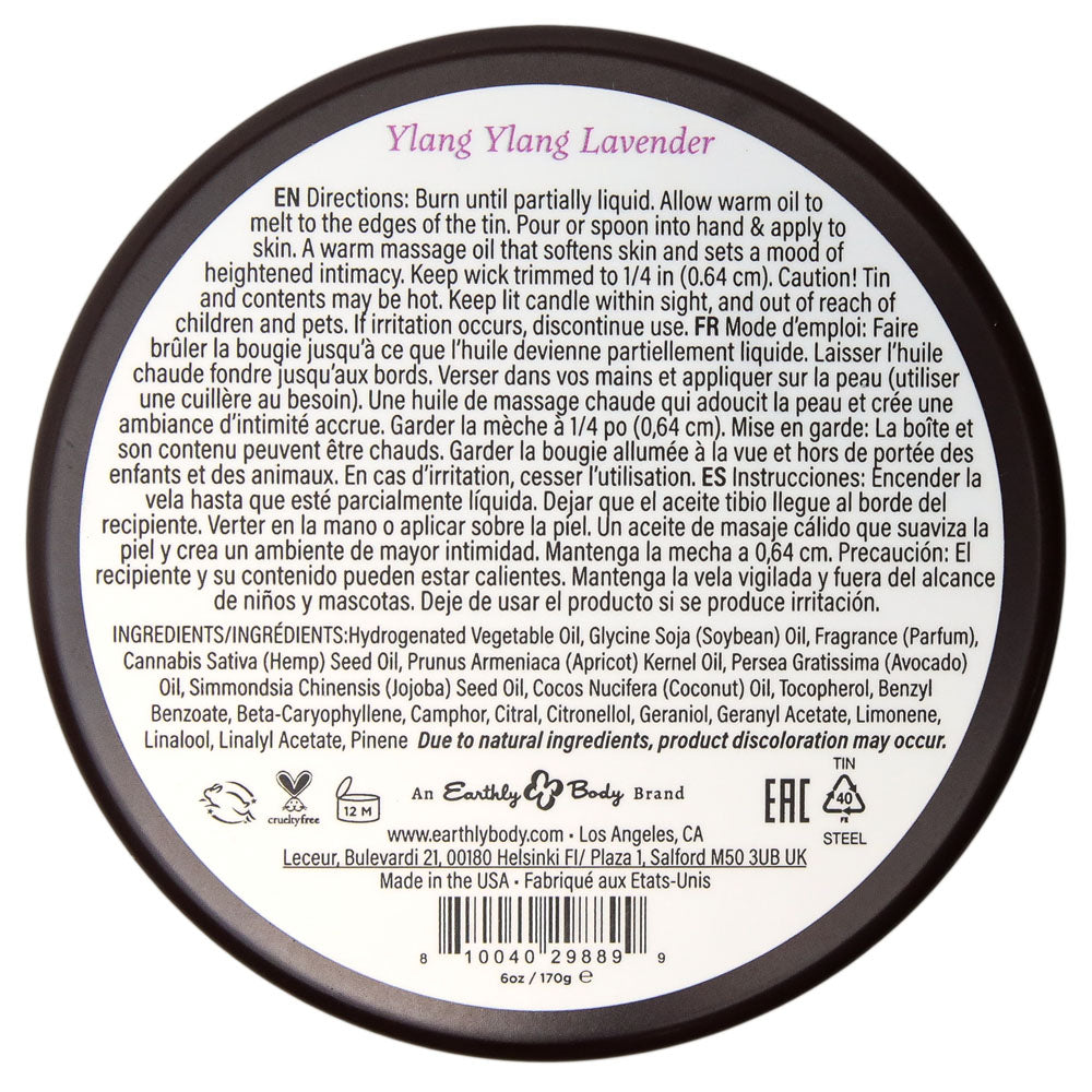 Earthly Body Massage Candle base, Ylang Ylang Lavender directions and ingredients