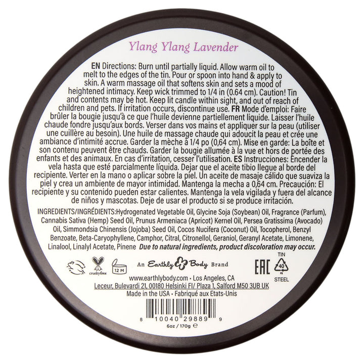 Earthly Body Massage Candle base, Ylang Ylang Lavender directions and ingredients