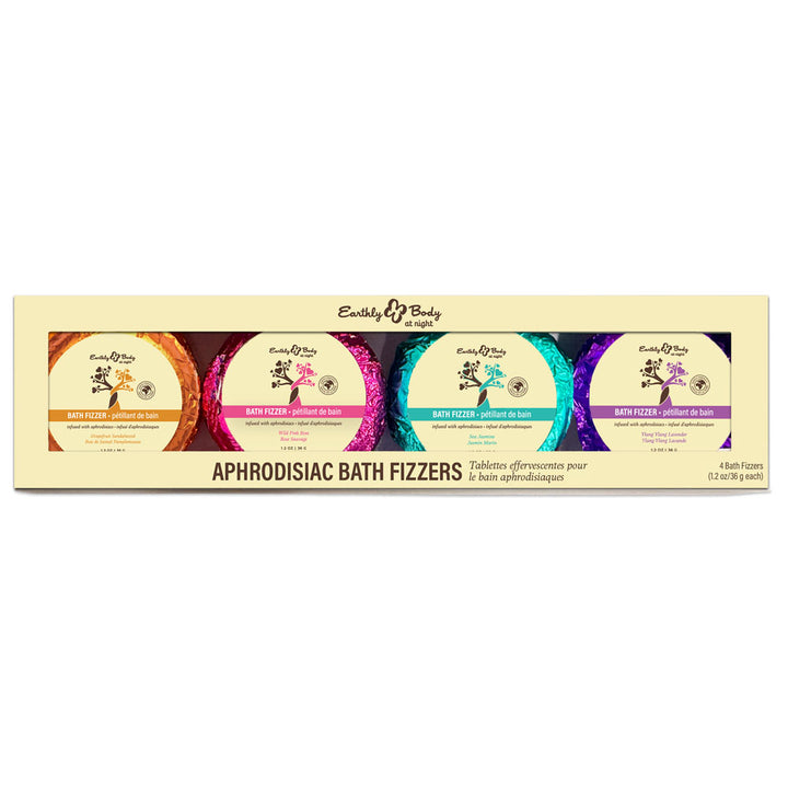 Earthly Body Aphrodisiac Bath Fizzers, box of four foil-wrapped fizzers, front