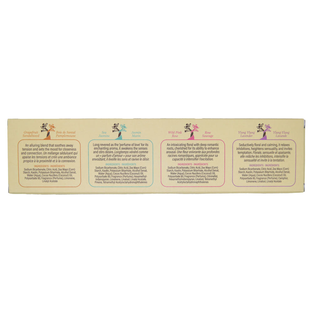 Earthly Body Aphrodisiac Bath Fizzers box back with scent notes and ingredients