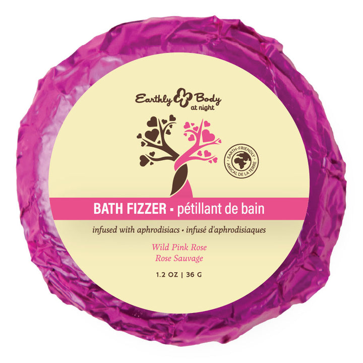 Earthly Body Bath Fizzer in magenta foil, Wild Pink Rose label