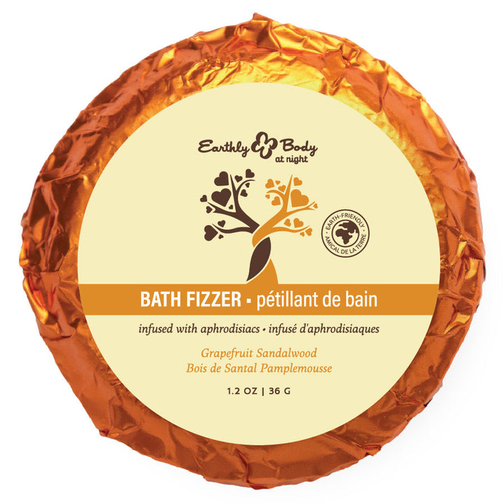 Earthly Body Bath Fizzer in orange foil, Grapefruit Sandalwood label