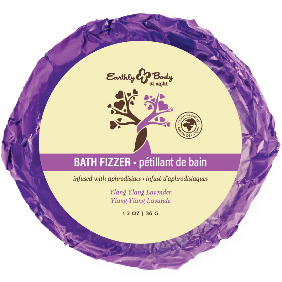 Earthly Body Bath Fizzer in purple foil, Ylang Ylang Lavender label
