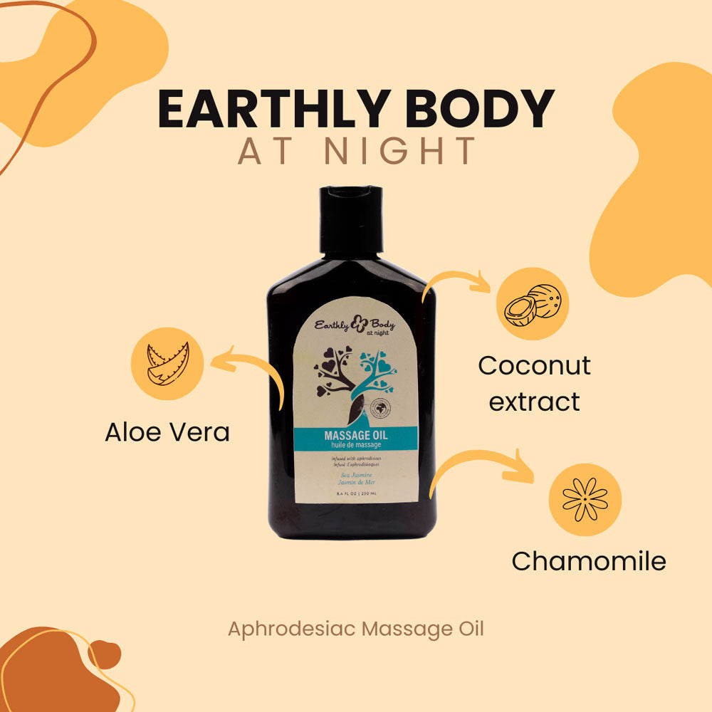 Earthly Body At Night graphic: Sea Jasmine oil with aloe vera, coconut and chamomile