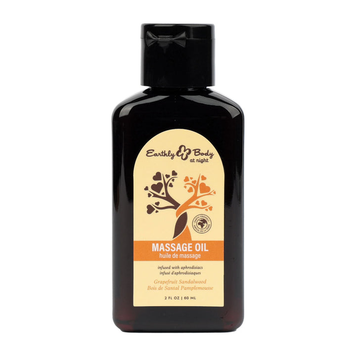 Earthly Body Massage Oil 60 ml flip-top bottle, Grapefruit Sandalwood front label