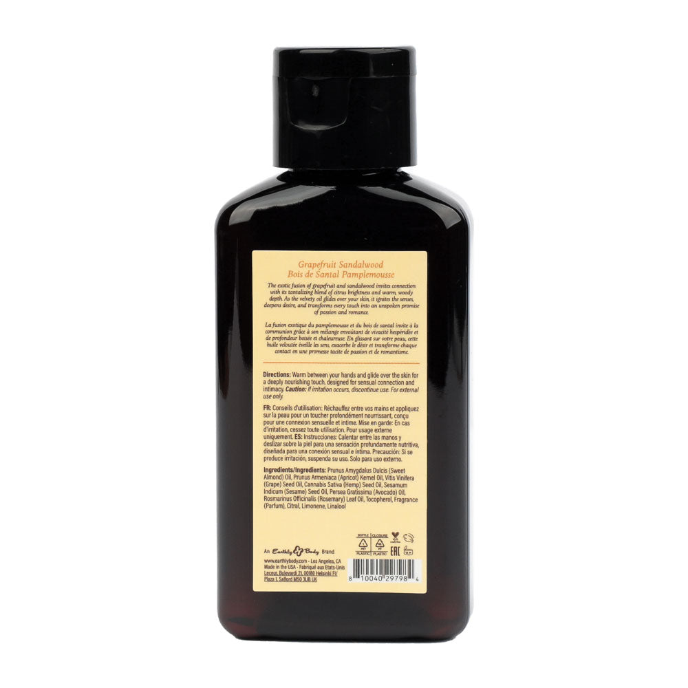 Earthly Body Massage Oil 60 ml, Grapefruit Sandalwood back label with directions