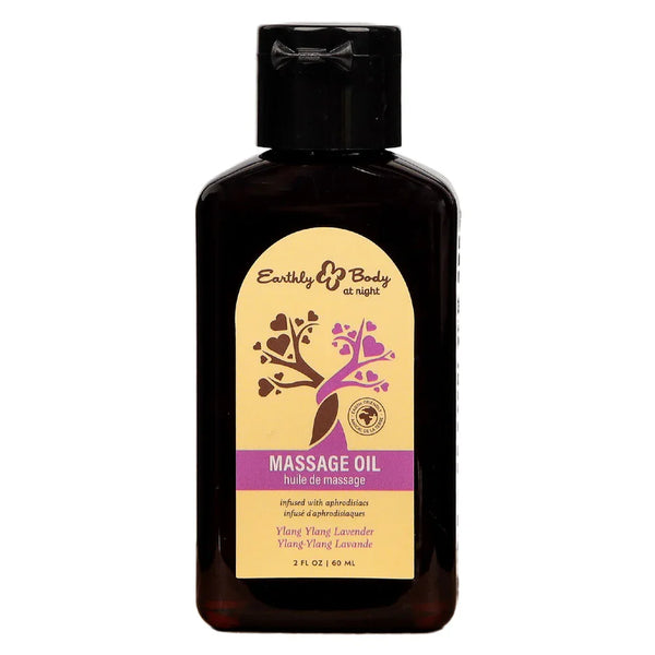Earthly Body Massage Oil 60 ml flip-top bottle, purple Ylang Ylang Lavender front label