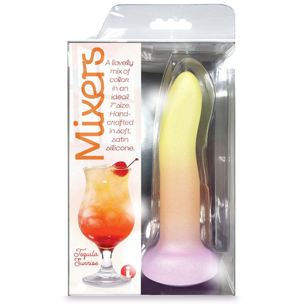 Mixers Tequila Sunrise dildo in yellow fading to pink, sealed in its Mixers pack