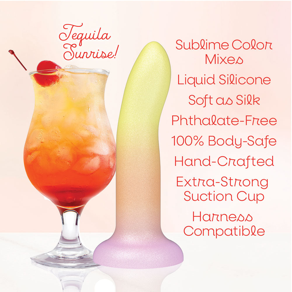 Mixers Tequila Sunrise dildo beside a tequila sunrise cocktail with the feature list
