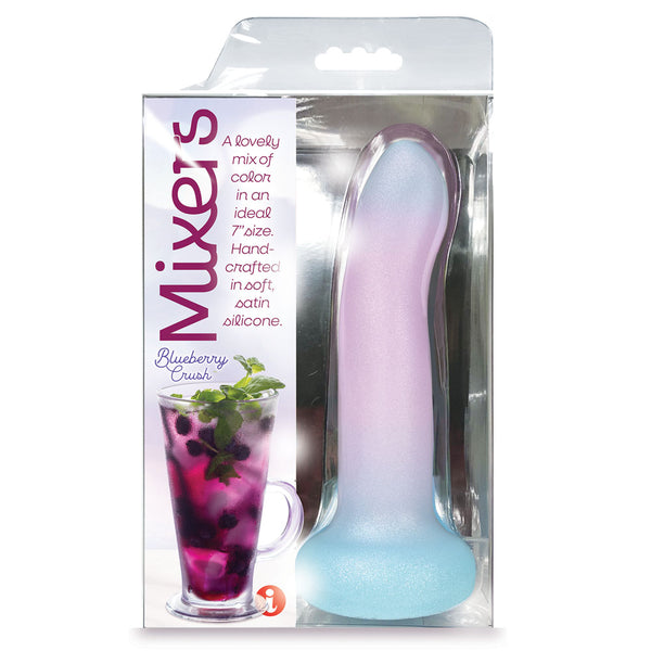Mixers Blueberry Crush dildo in lilac fading to aqua, sealed in its Mixers pack