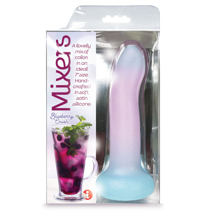 Mixers Blueberry Crush dildo in lilac fading to aqua, sealed in its Mixers pack