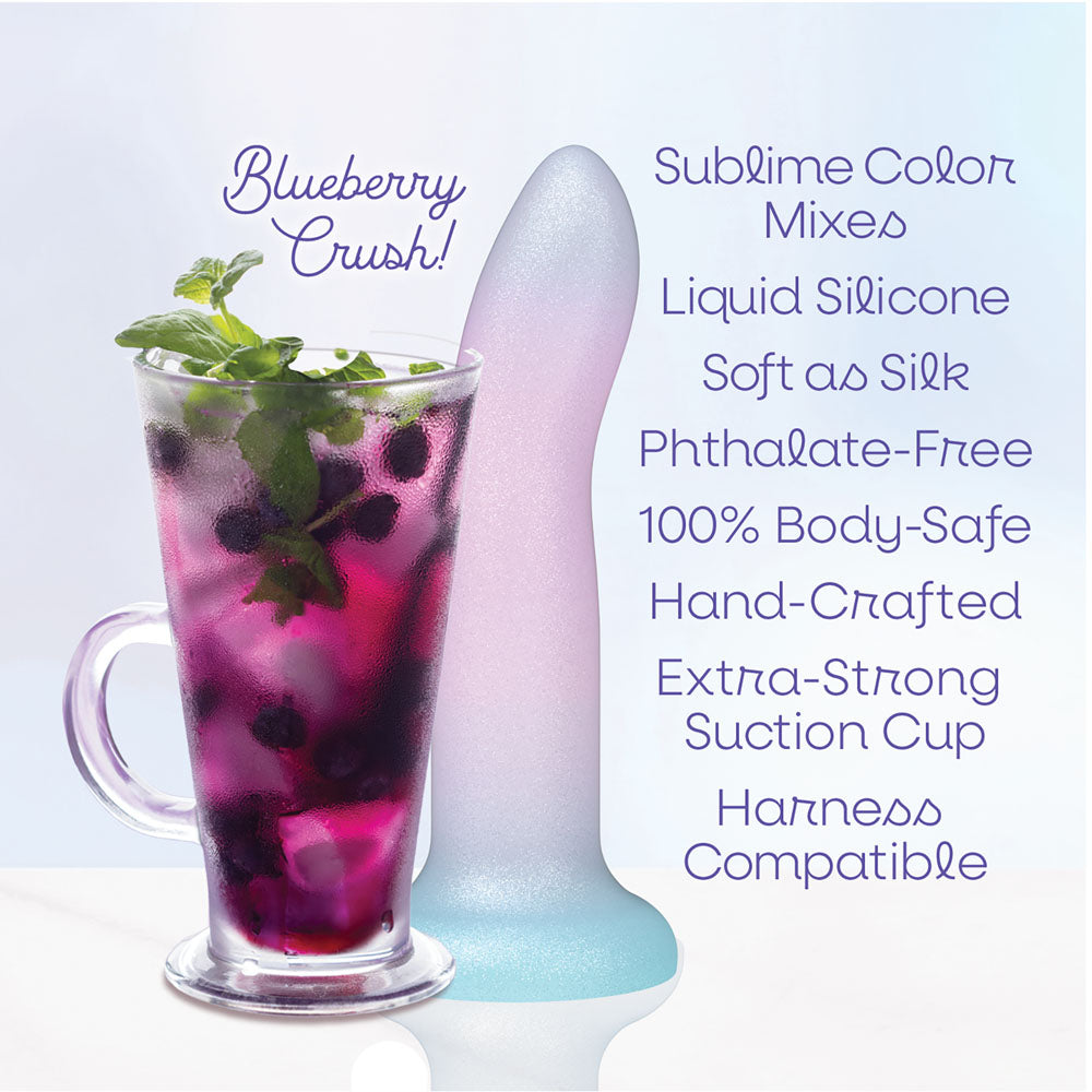 Mixers Blueberry Crush dildo beside a blueberry cocktail with the feature list
