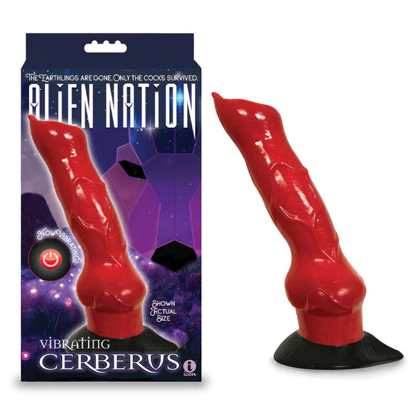 Alien Nation Cerberus vibrating canine dong in Red on its black suction base, beside the box