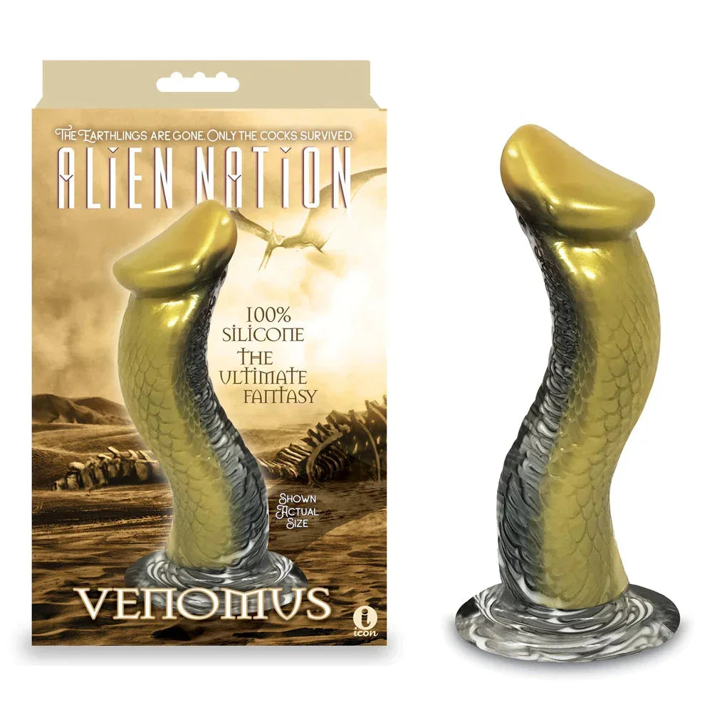 Alien Nation Venomus snake dong in gold with a scaled shaft, beside its retail box
