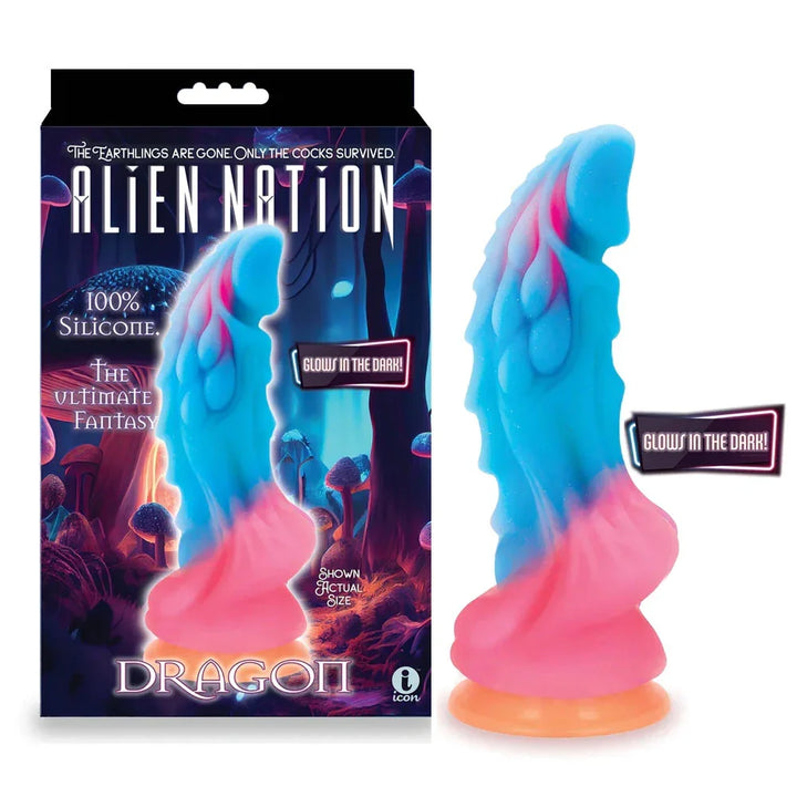 Alien Nation Glow Dragon dong, blue shaft fading to pink on an orange base, beside its box