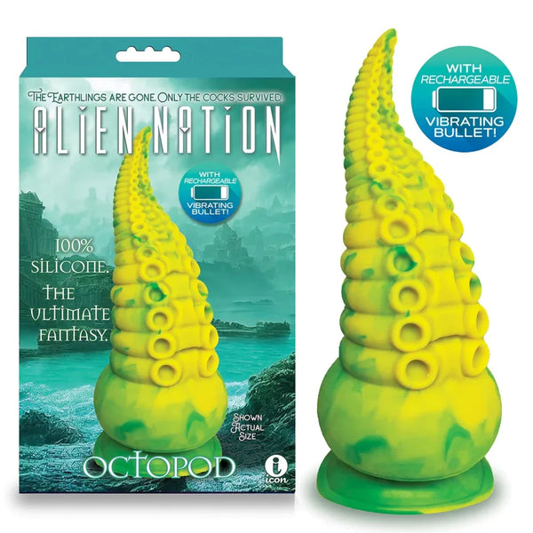 Green and yellow octopus-shaped product with packaging labeled 'Alien Nation' on a white background.