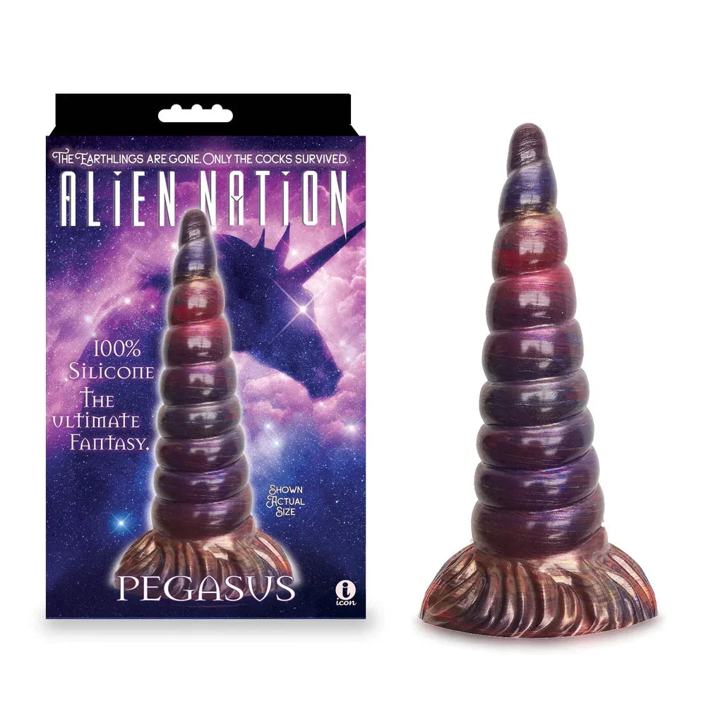 Alien Nation Pegasus unicorn dong, ribbed metallic purple spiral, beside its retail box