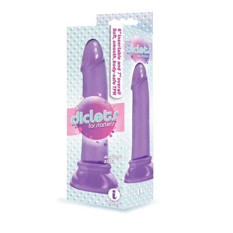 The 9's Diclets Purple retail box front, showing the dong on a spotted background