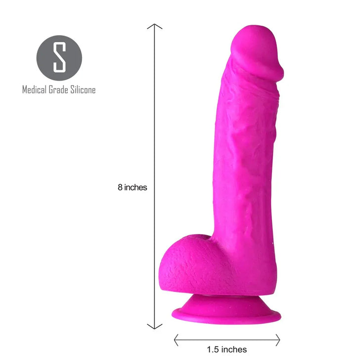 Maia Josi dong in bright pink, diagram marking 8 inches long by 1.5 inches wide