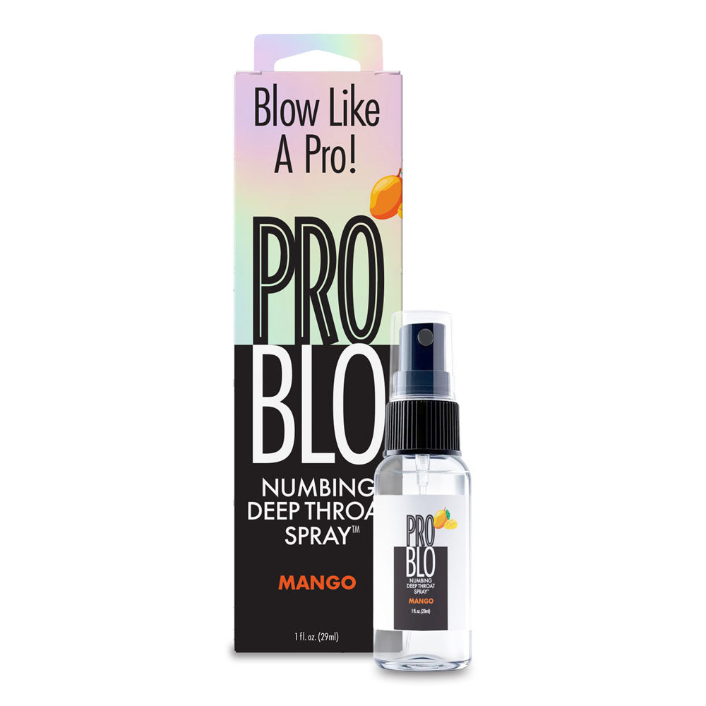 ProBlo Mango numbing deep throat spray, bottle beside its black ProBlo carton