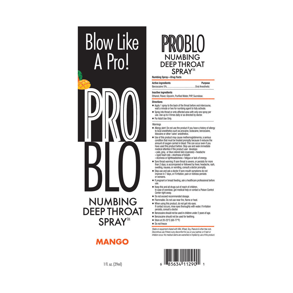 ProBlo Mango carton artwork flat, showing the drug facts panel and barcode
