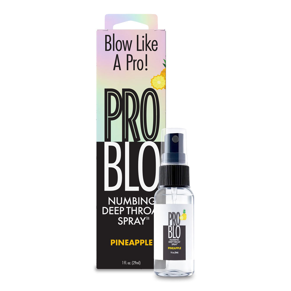 ProBlo Pineapple numbing deep throat spray, bottle beside its black ProBlo carton
