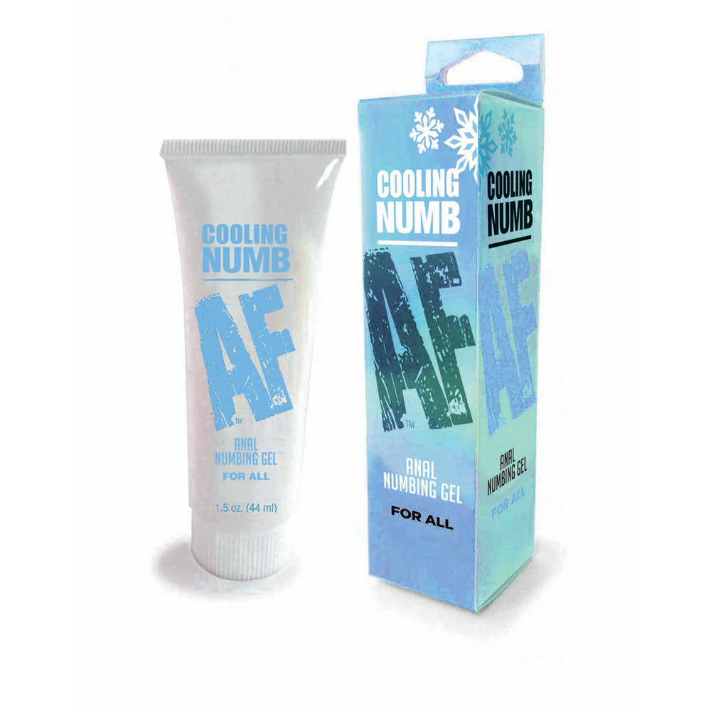 Numb AF Cooling anal numbing gel, white 44 ml tube beside its blue snowflake carton