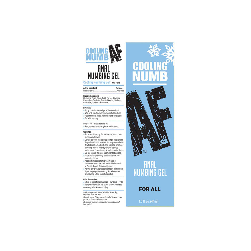 Numb AF Cooling carton artwork flat, showing the drug facts panel and directions