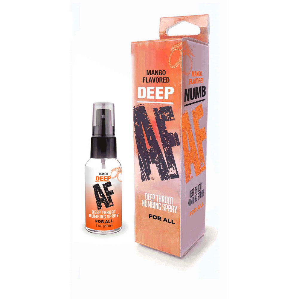 Deep AF Mango deep throat numbing spray, bottle beside its orange retail carton