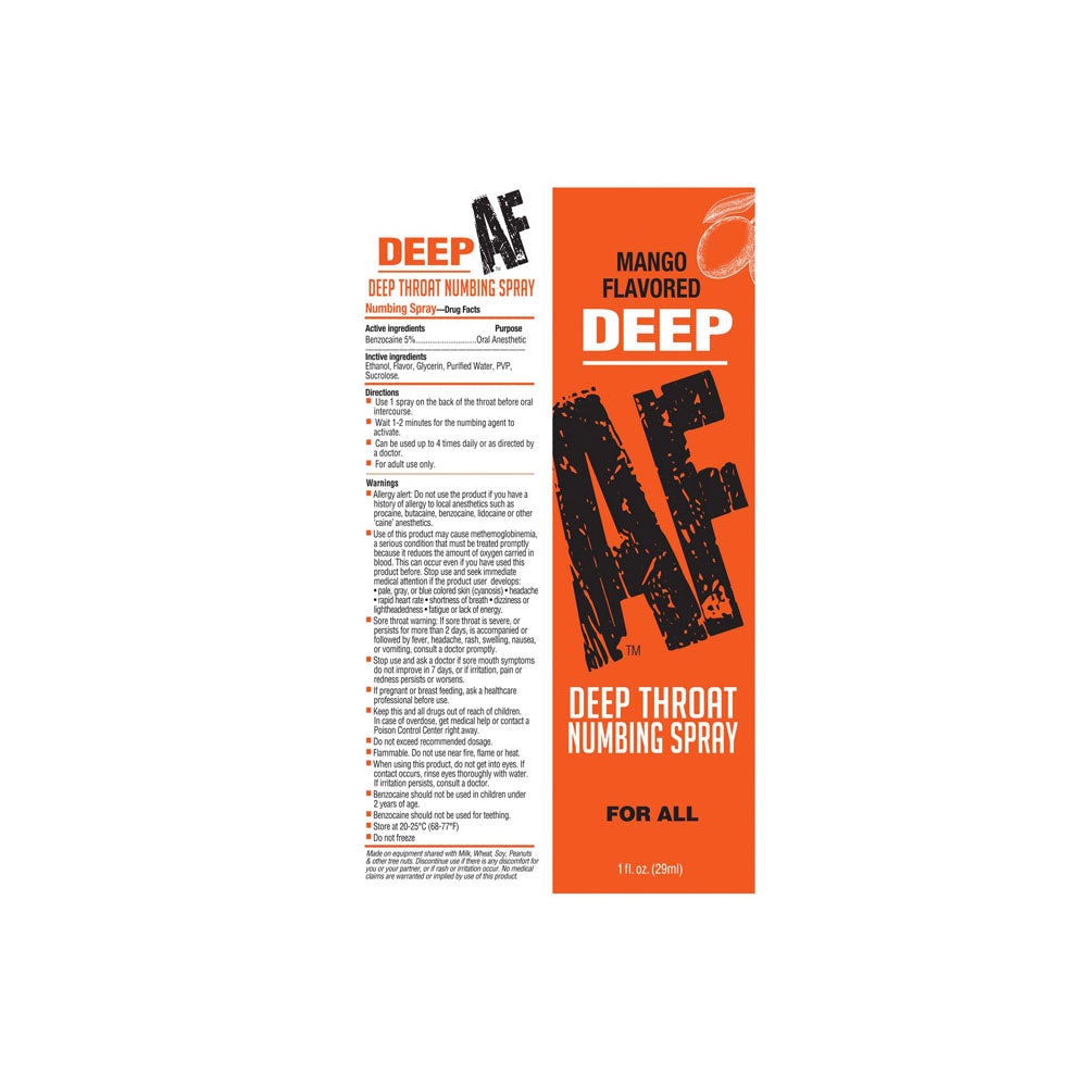 Deep AF Mango label artwork, showing the drug facts panel and directions