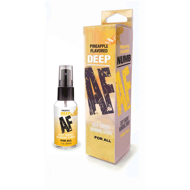 Deep AF Pineapple deep throat numbing spray, bottle beside its yellow retail carton