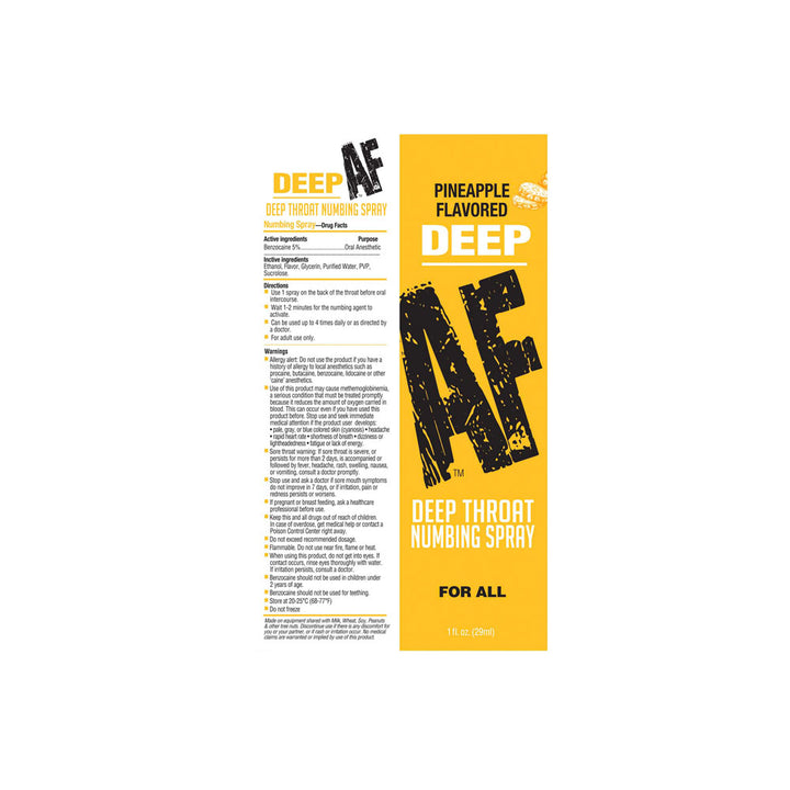 Deep AF Pineapple label artwork, showing the drug facts panel and directions