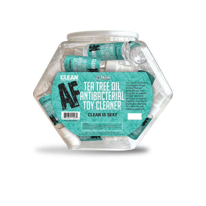 Clean AF toy cleaner fishbowl display jar packed with teal spray bottles
