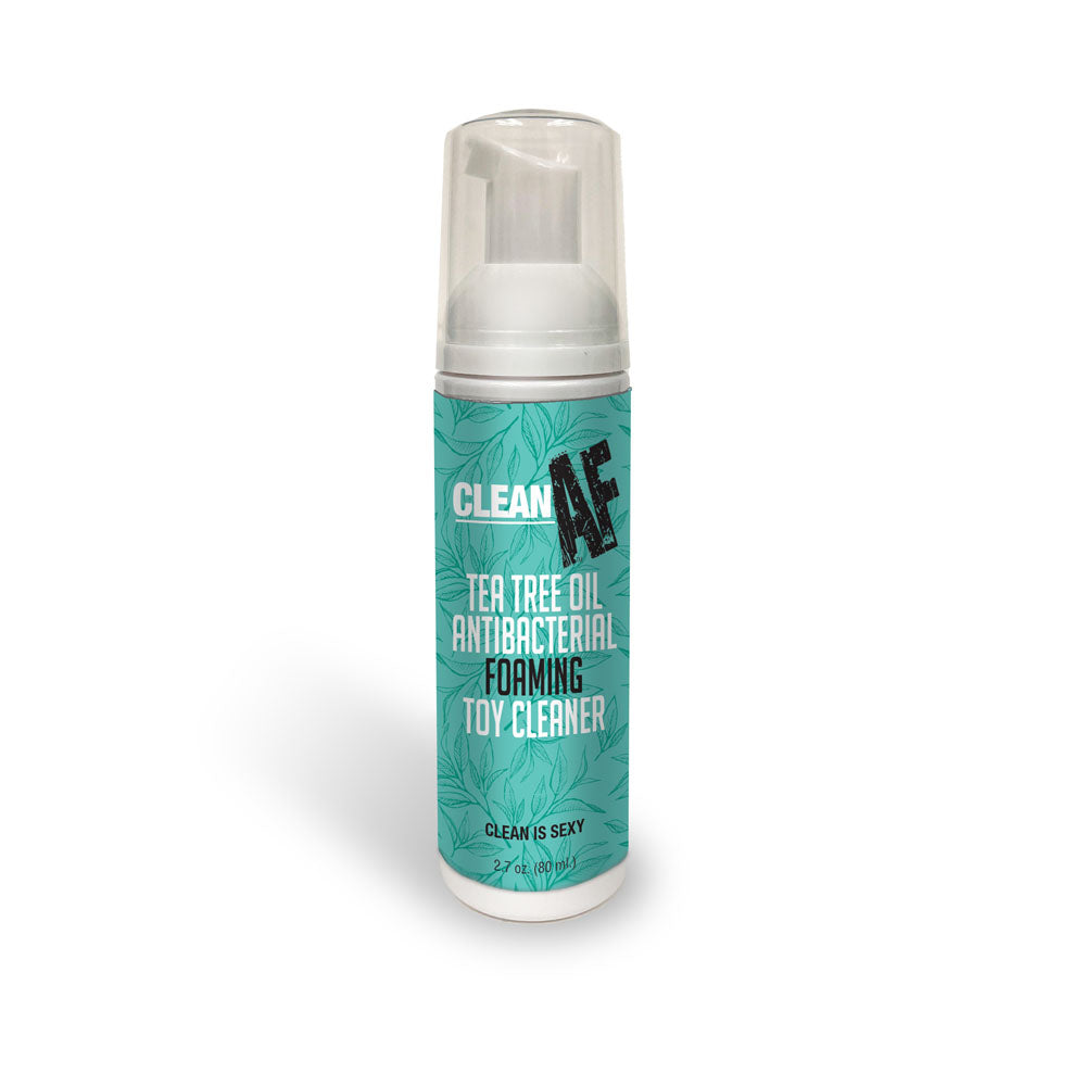 Clean AF foaming toy cleaner, teal 80 ml pump bottle with tea tree oil labelling