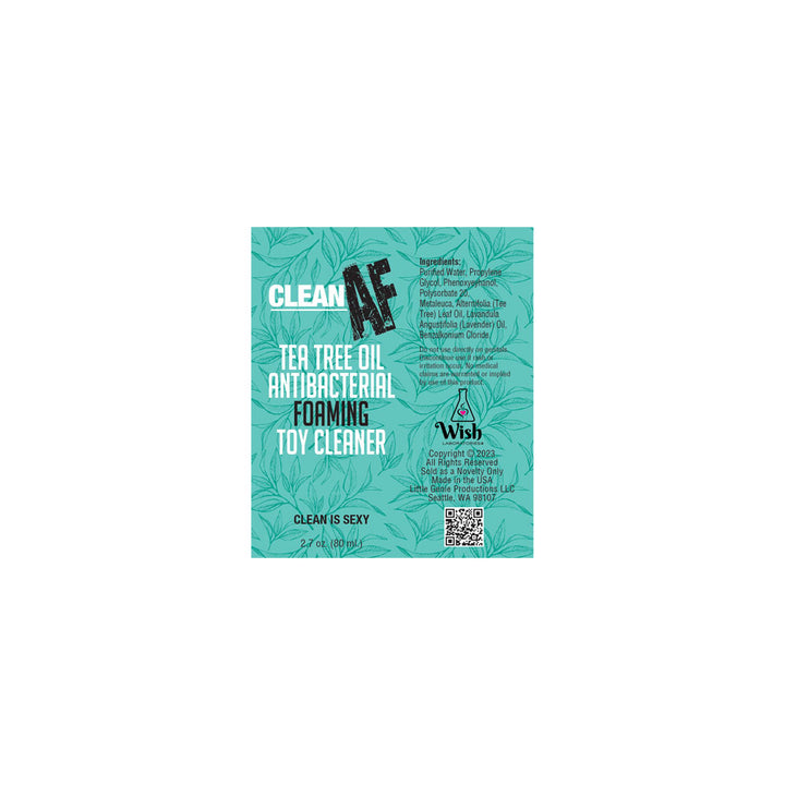 Clean AF toy cleaner label artwork, listing ingredients with a QR code