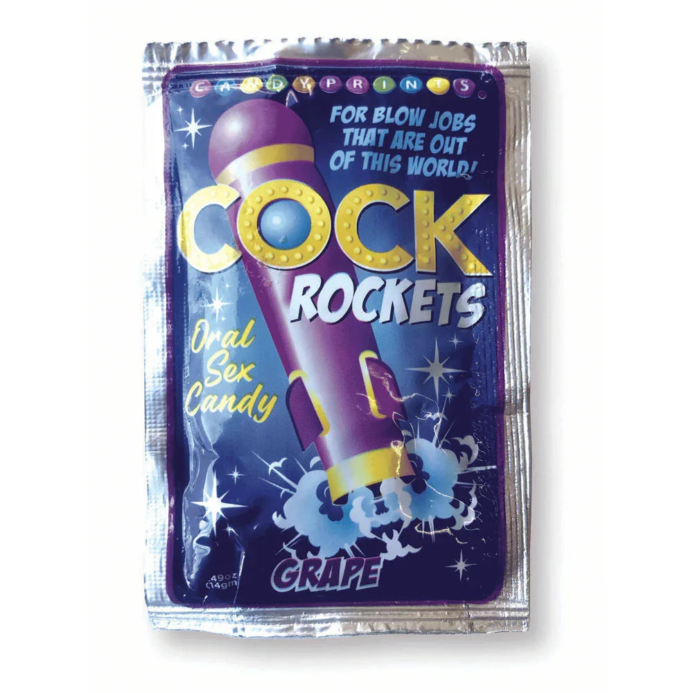 Candyprints Cock Rockets Oral Sex Candy in grape flavour, packaged in foil wrapper.