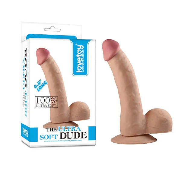 Lovetoy The Ultra Soft Dude 8.8 inch dong in Flesh beside its Ultra Soft Dude box