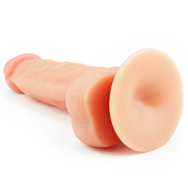 Ultra Soft Dude 8 inch dong on its side, the wide suction base facing the camera
