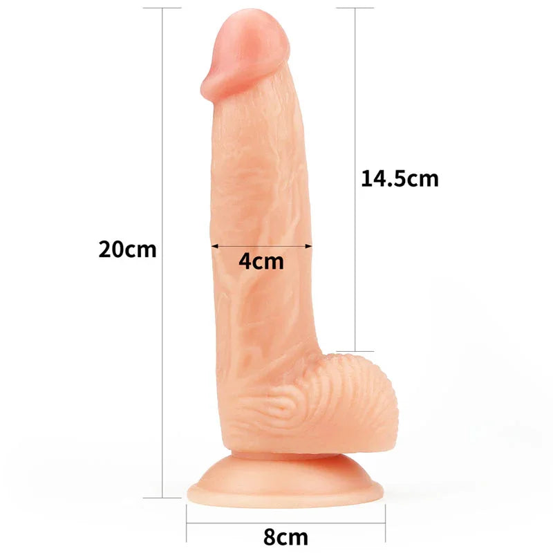 Ultra Soft Dude 8 inch measurements: 20 cm long, 14.5 cm insertable, 4 cm wide, 8 cm base