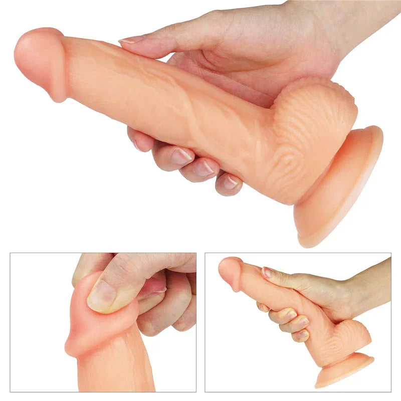 Hand gripping the Ultra Soft Dude 8 inch dong, with inset close-ups of it being squeezed