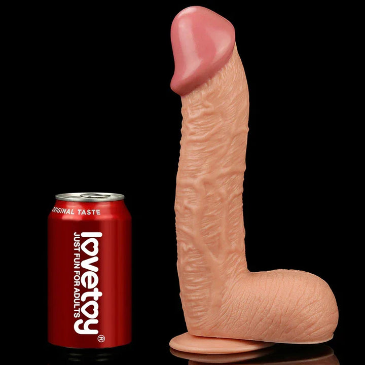 King Size 10.5 inch dildo photographed beside a soft drink can for scale